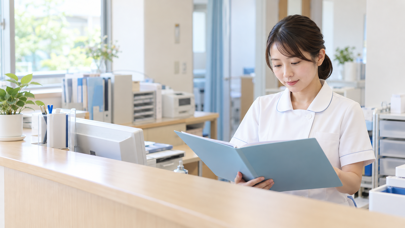 日勤中心のクリニックで落ち着いて働く看護師の実写風画像