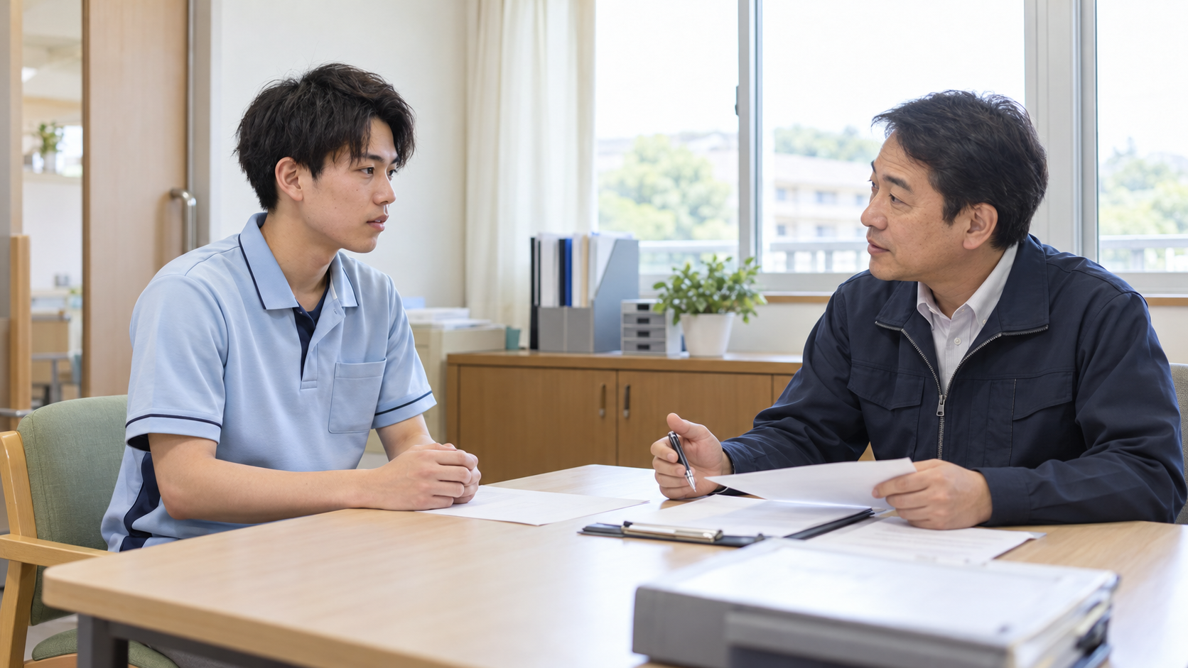 高卒で入職した介護職員が上司と退職について落ち着いて相談している場面