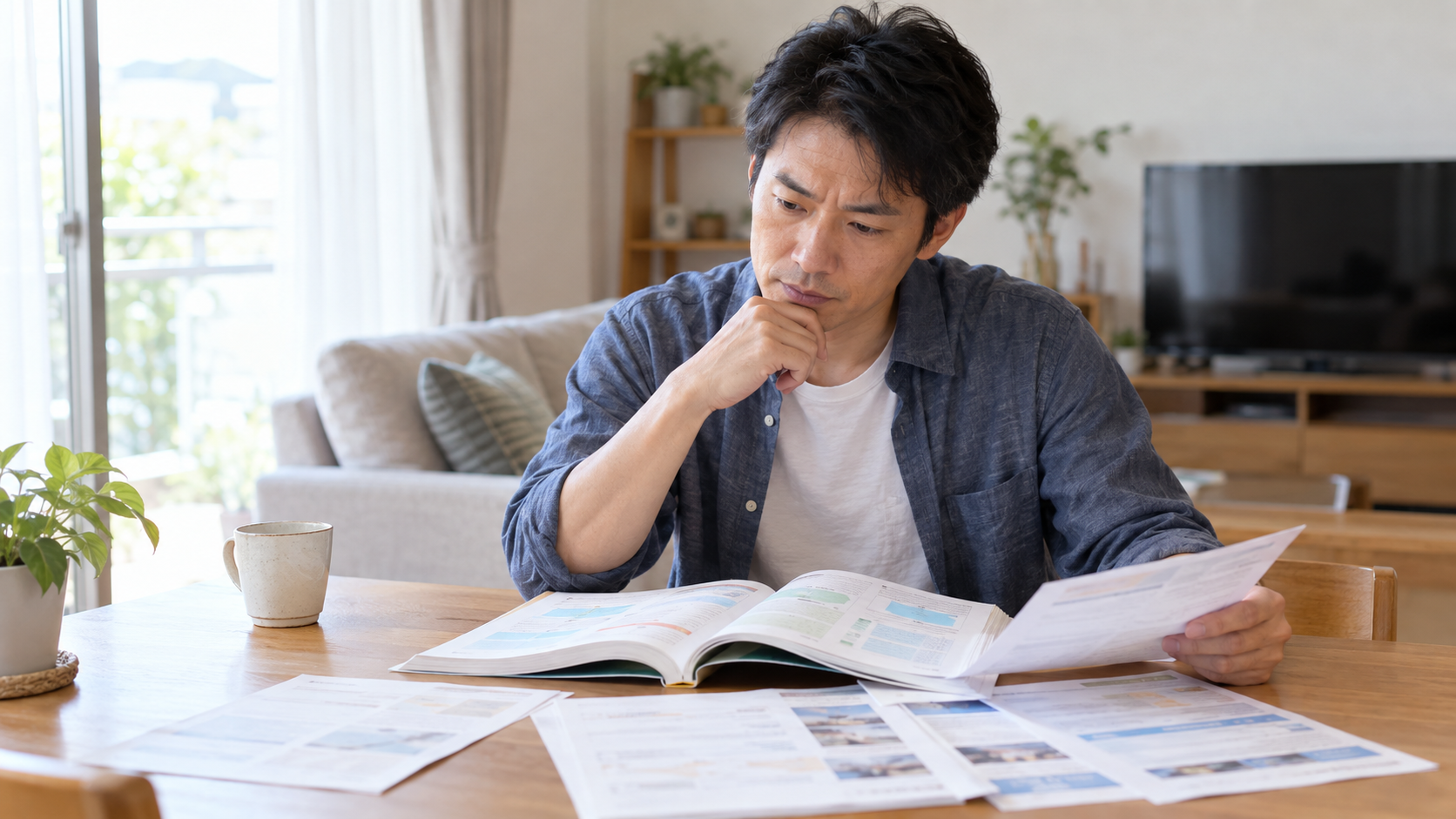 資格の書類を確認しながら進路を考える40歳の介護職員